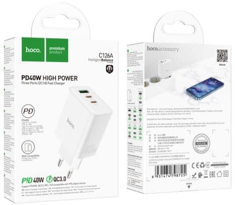 HOCO C126A CARGADOR DE PARED 2 USB-C/1 USB-A EU 40W WHITE - 2