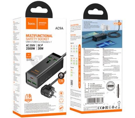 HOCO AC9A CARGADOR/ZAPATILLA SCHUKO C/1 1 USB-C/2 USB-A BLACK 30W(O) - 2