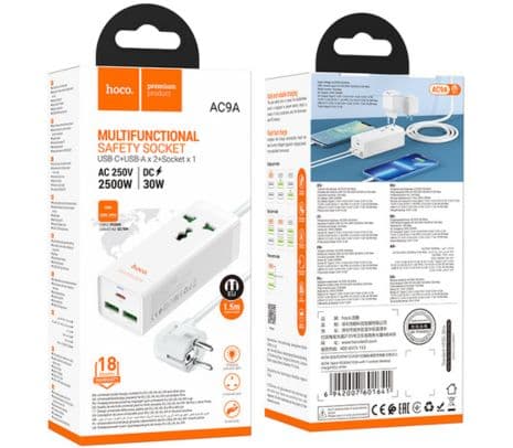 HOCO AC9A CARGADOR/ZAPATILLA SCHUKO C/1 1 USB-C/2 USB-A WHITE 30W (D) - 2
