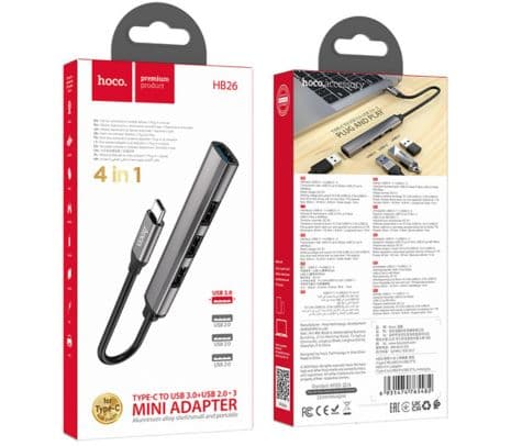 HOCO HB26 HUB 4 EN 1 USB-C A 1 USB-A 3.0 Y 3 USB-A 2.0 METAL GREY - 2