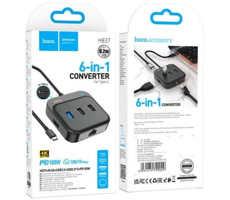 HOCO HB37 HUB 6 EN 1 USB-C A USB-A/HDMI/RJ45 BLACK - 2
