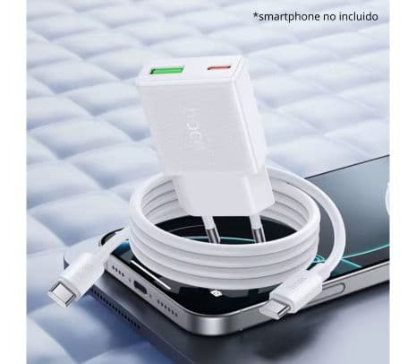 HOCO N73 CARGADOR DE PARED 20W 1 USB-C Y 1 USB-A C/CABLE USB-C WHITE - 3