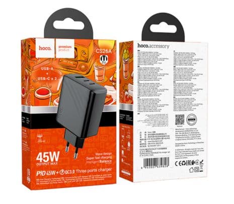 HOCO CS26A CARGADOR DE PARED PD45W 2 USB-C QC3.0 Y 1 USB-A BLACK - 3