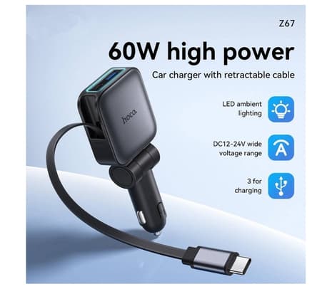 HOCO Z67 CARGADOR DE AUTO PD60W 1 USB-C Y 1 USB-A C/CABLE USB-C METAL GRAY - 2