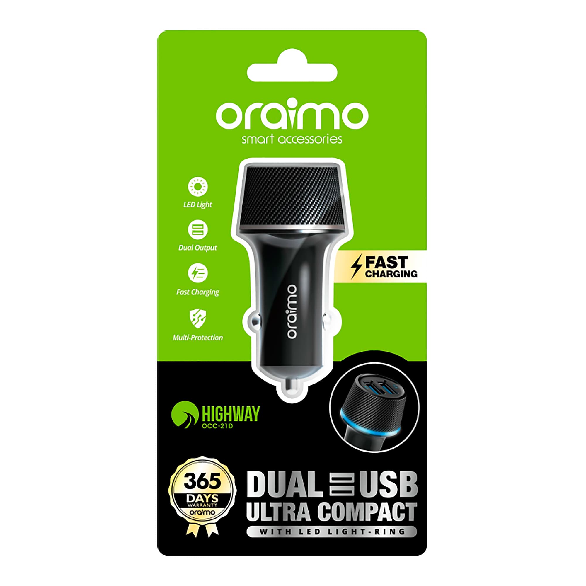 Cargador De Auto Oraimo 2 Usb 2,1A Anillo Led - 2