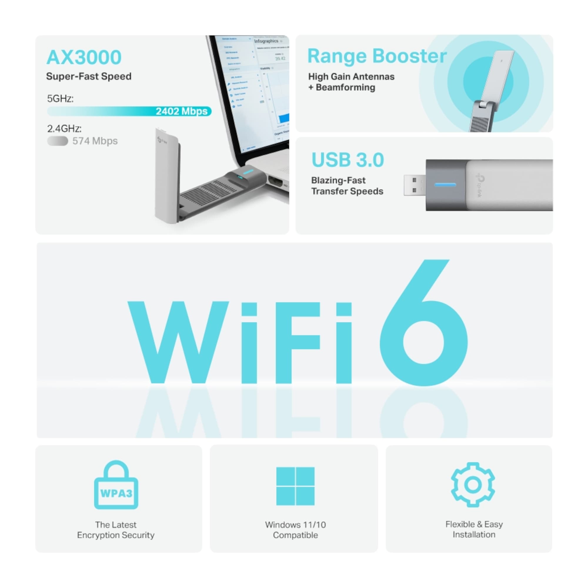 Adaptador de Red Tp-Link Usb Archer Tx50uh Dual Band Ax3000 - 4