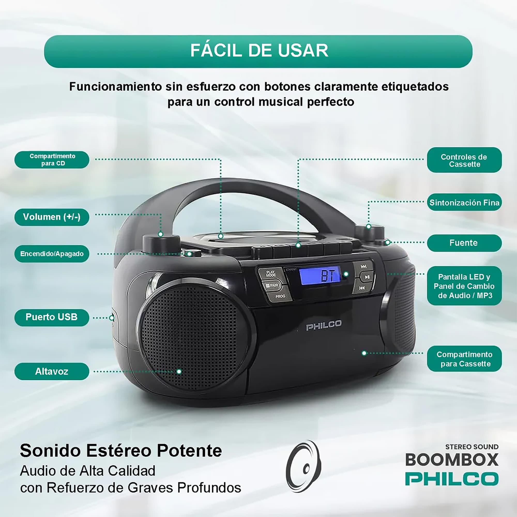 Radio Philco Boombox Bt 12w Estéreo FM CD MP3 - 4