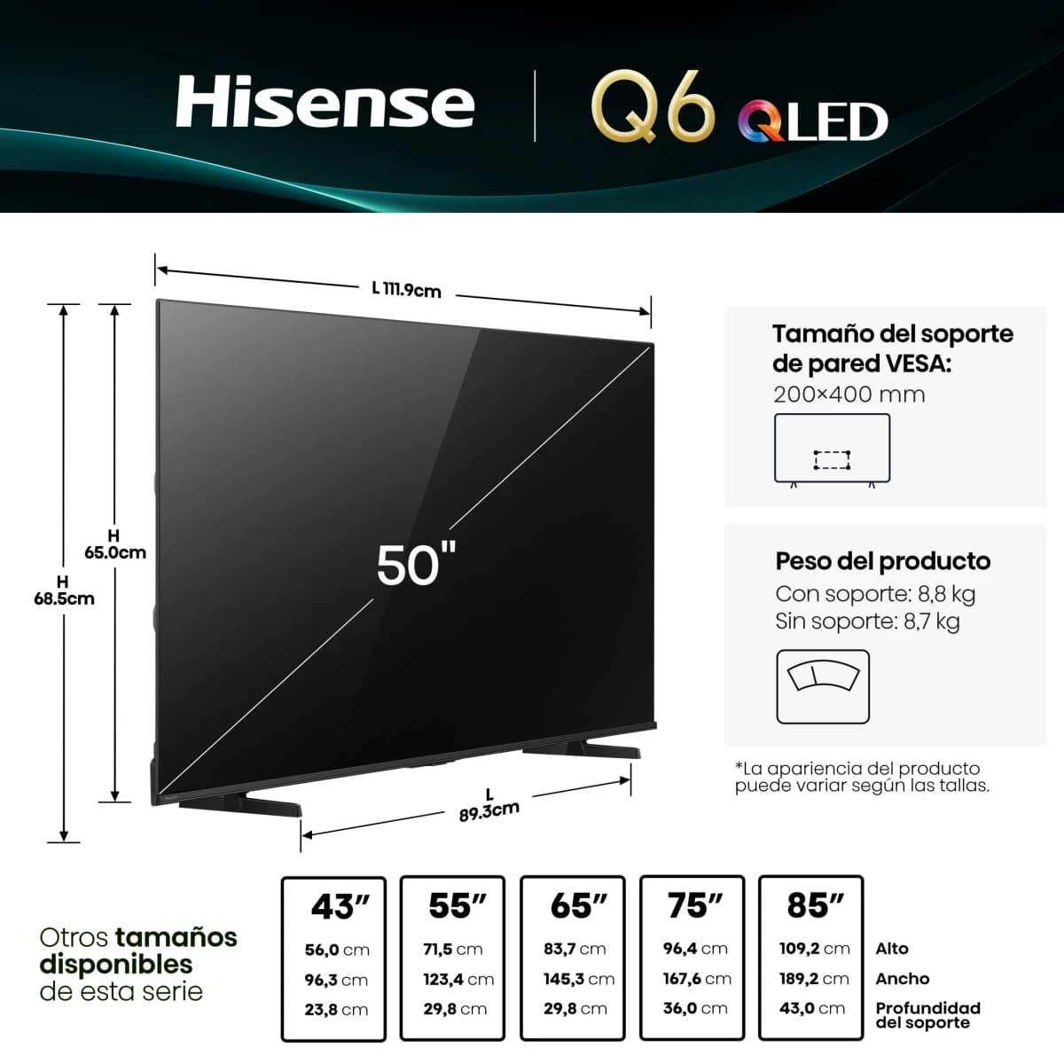 SMART TV HISENSE 50" QLED 4K VIDAA - 10
