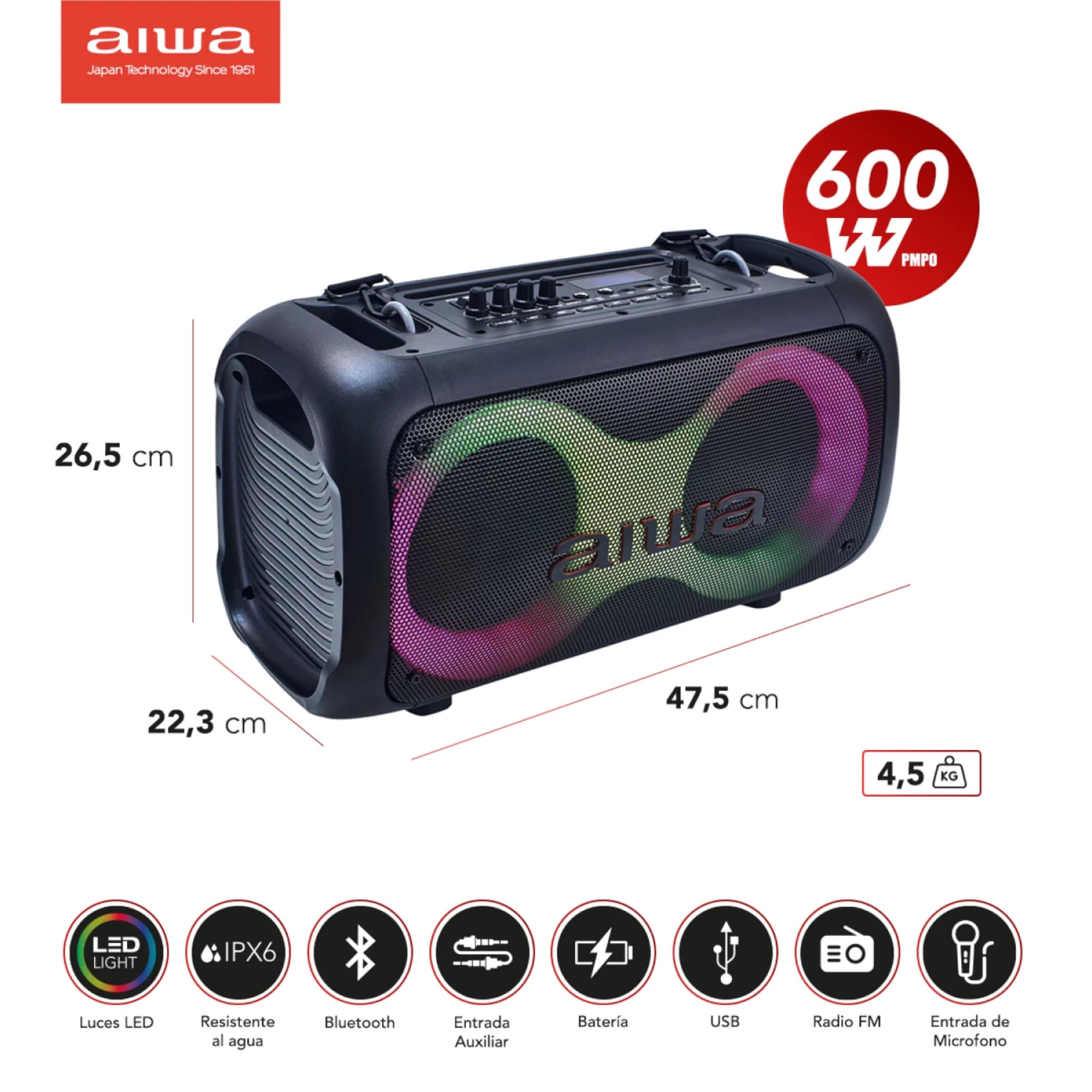Parlante Inalámbrico Bt Aiwa Awpoh35 Plus 600w Led Ipx6 - 4